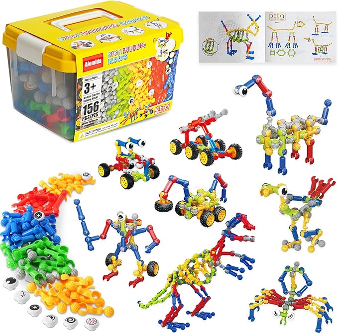 156 PCS Creative Building Blocks Building Toy Set - Featuring Storage, Includes Dinosaur, Robot, Car, Spider, Dog, Animal Figure Building Toy Playset for Kids, Birthday Gift Ages 3+ (N)