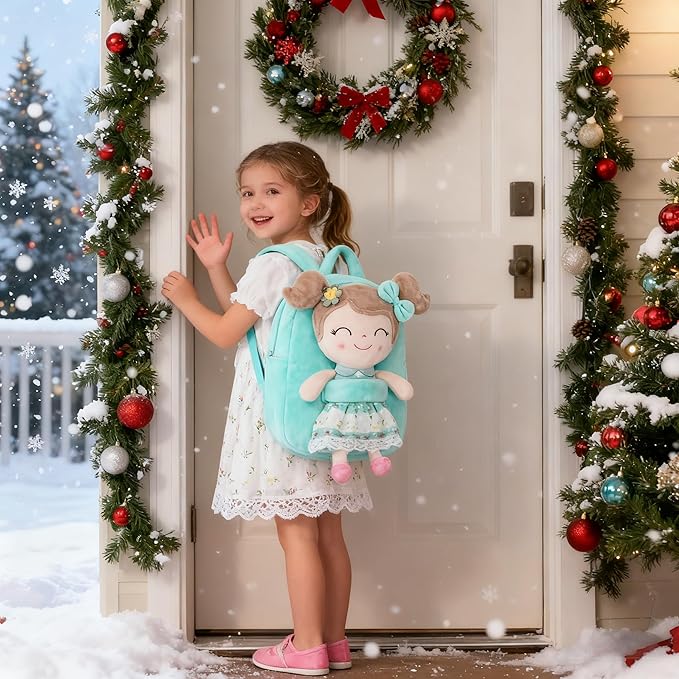 Gloveleya Kids Backpacks Girls Backpack Plush Bags with Soft Baby Doll Green 9"