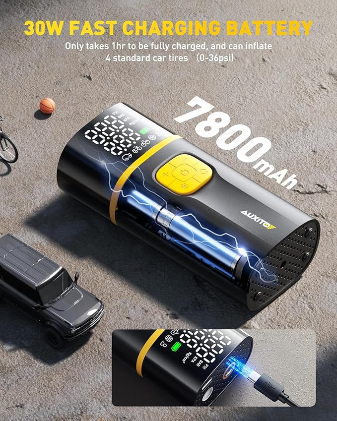 AUXITO A502 Tire Inflator Portable Air Compressor - 150PSI Dual Cylinder 7800 mAh & 12V DC, Bike Pump Air Pump for Car, Truck, Bike, Motorcycle with Digital Tire Pressure Gauge, Car Gifts for Men