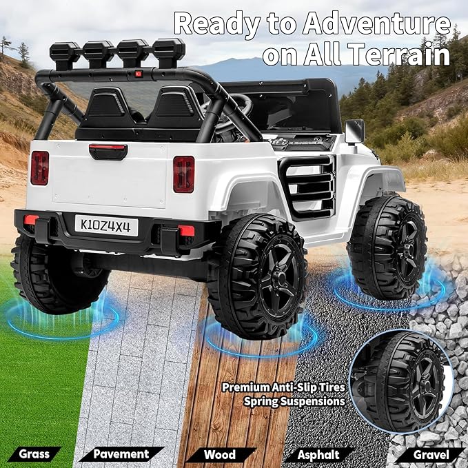 2 Seater Ride on Car Toy for Kids, 24V 4x4 Ride-on Truck, w/Parent Control, Soft Start, 3 Speed, 4-Wheeler Suspension, Bluetooth, LED Lights, Electric Car for Kids Toddler Ages 3-8, White