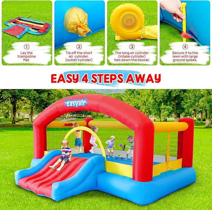 Inflatable Bounce House for Kids, 14.3 x 12.5 FT Bouncy Castle Jumper Slide with 520W Blower, Basketball Hoop, Throwing Ball Game, Ball Pits, Red