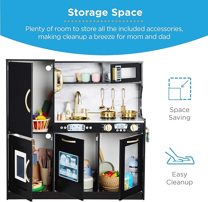 Best Choice Products Pretend Play Kitchen Wooden Toy Set for Kids w/Realistic Design, Telephone, Utensils, Oven, Microwave, Sink - Black