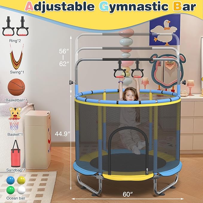 60" Trampoline for Kids, 500lbs Capacit Indoor Outdoor Toddler Trampoline with Adjustable Gymnastics Bar, Gifts for Boy Girl Age 1-8