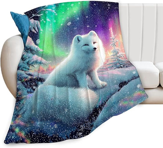 White Fox Blanket Winter Aurora Night Animal Throw Blankets Gifts for Girls Boys Kids Fox Lover Soft Cozy Fleece Plush for Couch Sofa Bed 60"x50"