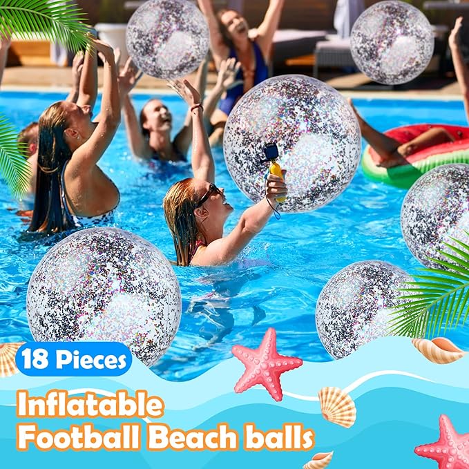 Chivao 18 Pcs Sequins Beach Ball 24 Inch 16 Inch Clear Inflatable Glitter Summer Swimming Pool Balls Wedding Outdoor Floatable Decor Confetti Decor for Beach Party(Multi Color)