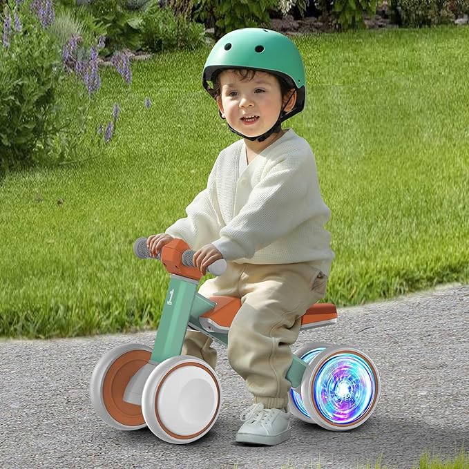 Baby Balance Bike for 1 Year Old Boys and Girls – Toddler First Bike with Colorful Lighting, 4 Wheels Safe Indoor Ride On Toy for 12-24 Months, First Birthday Gift