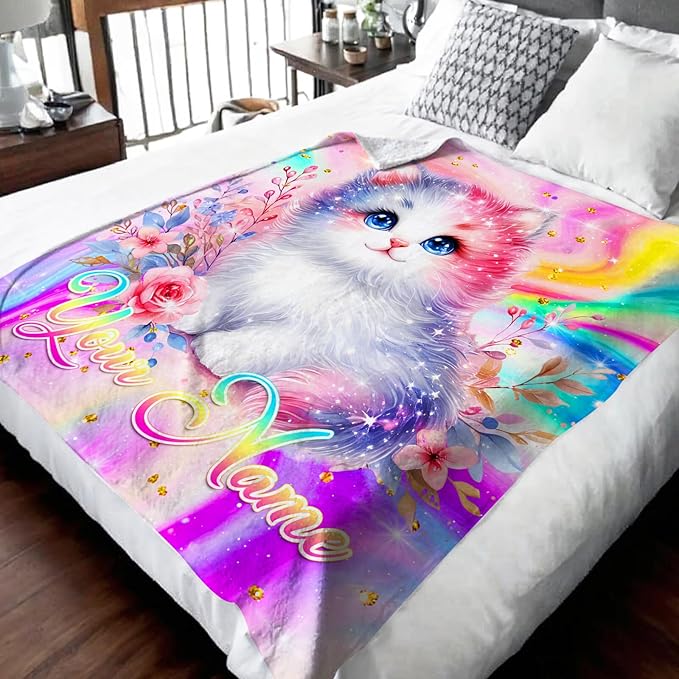 Personalized Blanket for Girls, Cat Throw Blanket Gift for Kids Teens Cats Lovers, Custom 80"x60" Soft Cozy Flannel Blankets for Couch Sofa Bed Bedroom Decor