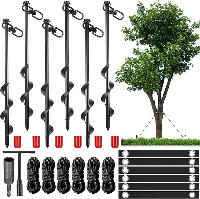 Lasnten 6 Set Tree Stake Kits Heavy Duty Tree Staking and Supports Straps Ties for Straightening Leaning Young Trees Stabilizer Metal Spiral Stakes Anchors Protects from Bad Weather (Black)