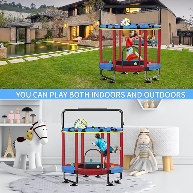 Trampoline for Kids, Upgrade Full Anti-Rust 440lbs Indoor Outdoor Toddler Trampoline with Net, 55" Adjustable Baby Toddler Trampolines Accessories with 8 Toys Dart Board