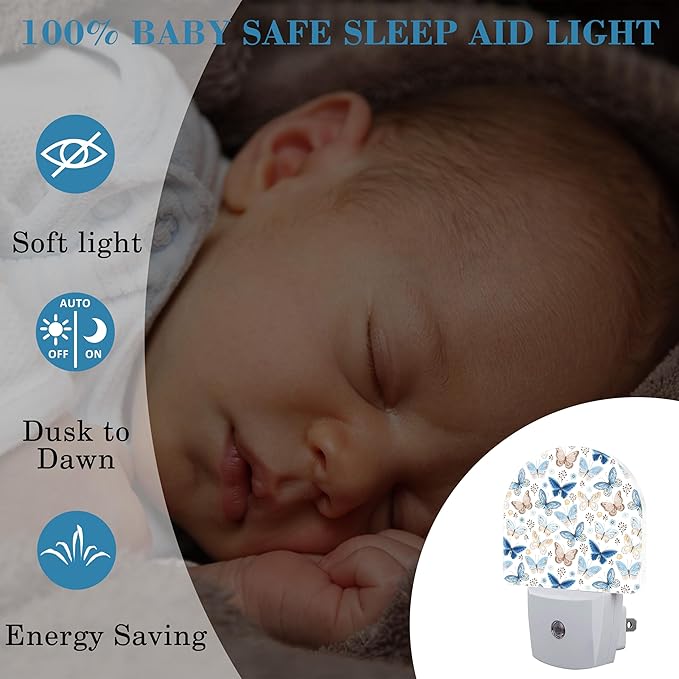 Plug in Night Lights Vintage Blue and Brown Butterflies Nightlight Plug Into Wall Dusk to Dawn Sensor LED Night Light for Kid Girls Boys Room Decor,Hallway,Kitchen,Bathroom,Nursery,Stairs