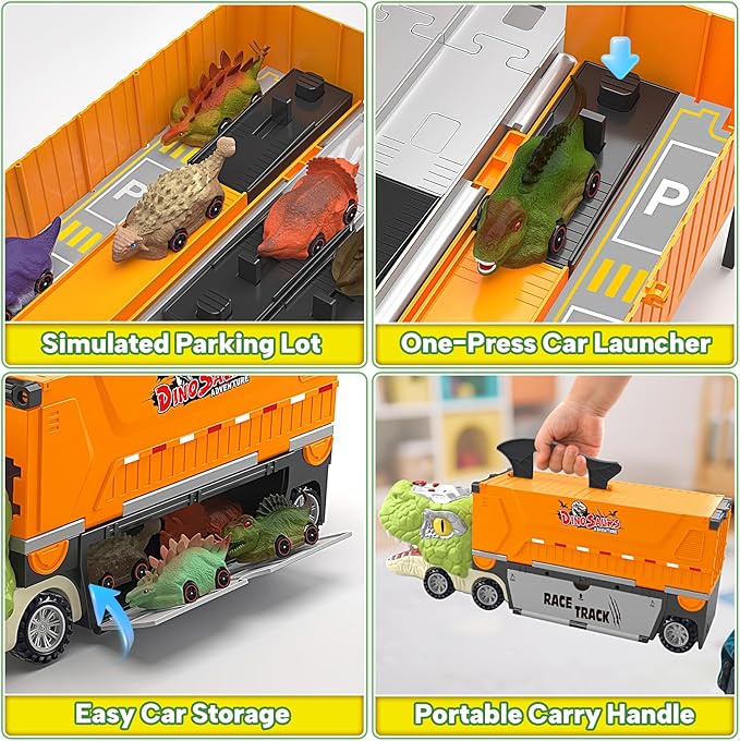Dinosaur Carrier Truck Race Track Toys for Kids 3-5, Large Toy Cars Track Set with 8 Small Dinosaur Cars, T-Rex Transport Carrier, Christmas Birthday Gifts for 3 4 5 6 7 Year Old Toddler Boys Girls