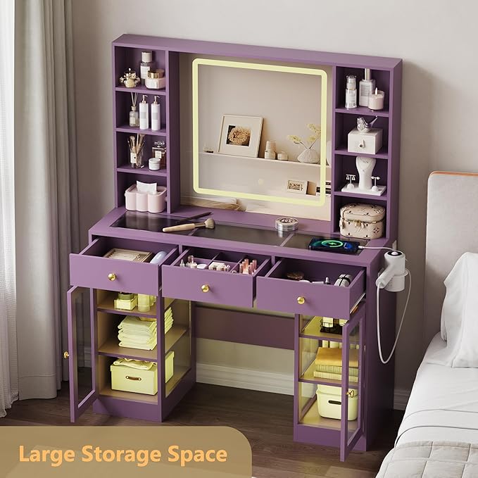 Vanity Desk with Mirror and Lights, White Makeup Vanity with Glass Top & Drawers, 3 Lighting Modes, Power Outlet, RGB Glass Cabinets, Modern Dressing Table for Women, Girls, Teens