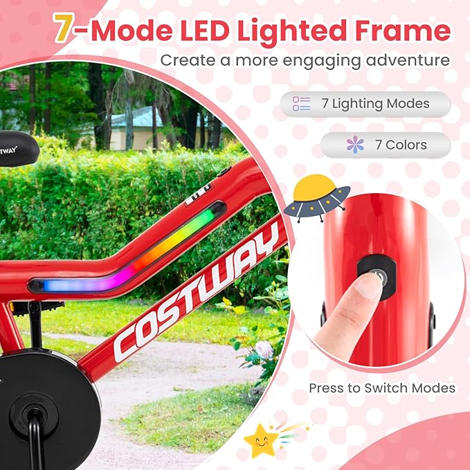 COSTWAY 16”/18” Lighted Kids Bike, Children Sport Bicycle with LED Light-up Frame, Adjustable Saddle, Training Wheels, Handbrake & Coaster Brake, Kids Riding Bike for 4-7/4-8 Years Old Boys & Girls