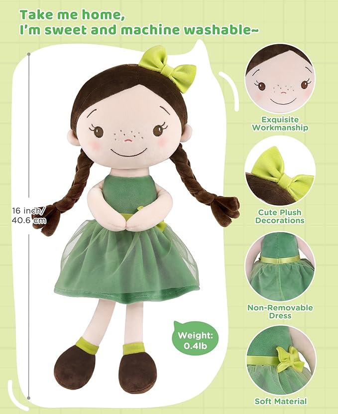 GAGAKU Soft Baby Doll Toys (16'') for Girls, My First Baby Rag Dolls for 1 Year Old Girl Birthday Gift Plush Doll Toys Machine Washable Baby Doll for Toddler Kids Infants - Forest Girl