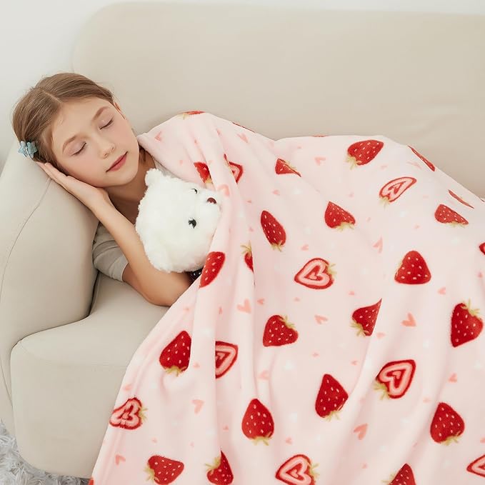 Viviland Kids Throw Blanket, Pink Strawberry Blankets for Toddler, Soft Warm Lightweight Plush Throw Blanket Fleece Blanket for Sofa Chair Couch Bed for Kids, 50" x 60"
