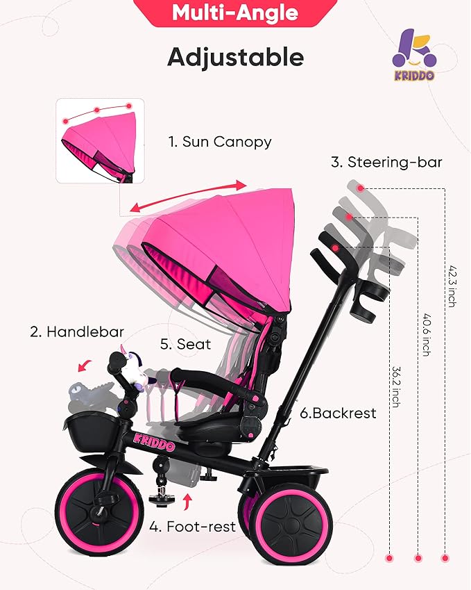 KRIDDO 7-in-1 Tricycle Stroller for Toddlers 18 Months to 5 Years, Adjustable Push Handle, Rotatable Seat, Cup Holder and Retractable Canopy, Folding Baby Trike w/Detachable Guardrail, Footrest, PK