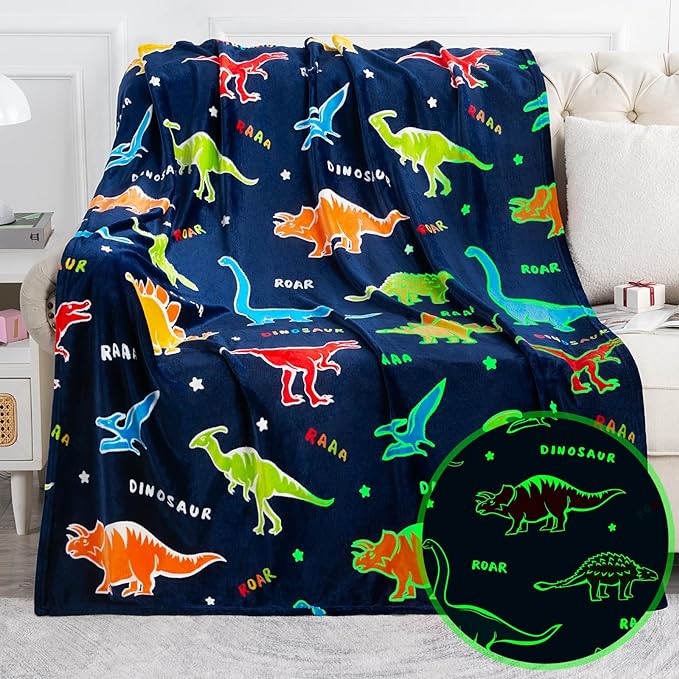 Jekeno Dinosaur Glow in The Dark Blanket Dino Gift Throw for Kids Boys Girls Birthday Christmas Halloween Easter Decor for Age 1-16 Years Old Teens Child Toddler Son Throw Navy Blue 50"x60"