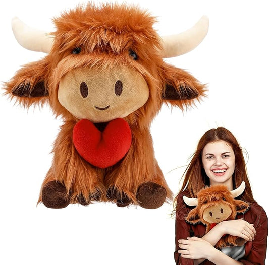 1 Pcs Fall Highland Cows Stuffed Love Animal Brown Cute Heart Stuff Fluffy Cattle Dolls Farm Plush Toy Gifts Thanksgiving Decoration for Adults Men and Women
