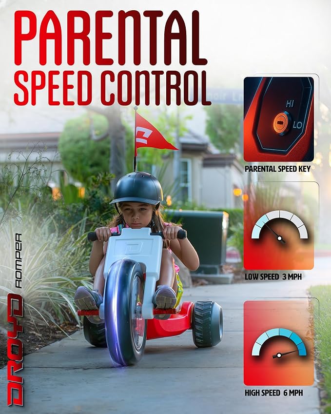 Droyd Romper Electric Tricycle for Kids 3+ Years, 24V Toy 3-6 MPH Max Speed & 45 Mins Max Long Lasting, Parental Speed Control Safe Trike with Adjustable Seat & LED Lights for Kids Gifts