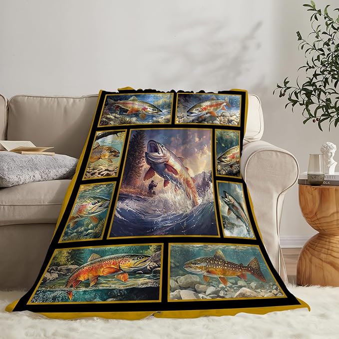 Fishing Throw Blanket Ultra Soft Cozy Rainbow Trout Fish Blanket Fleece Fuzzy Plush Fishing Lovers Decor Gifts for Women Girls Adults Couch Sofa 60"x50"