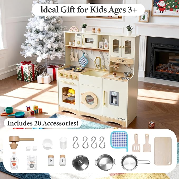 Wooden Play Kitchen for Kids and Toddlers with Realistic ICE Maker & Sounds,Toy Kitchen Set with 20 Accessories, Interactive Learning Toy for Pretend Play, Gift for Girls & Boys(Ages 3+)