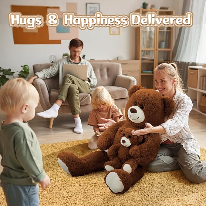 MorisMos Mom and Baby Giant Teddy Bear, 39inch Large Teddy Bears Stuffed Animal Plush for Baby Shower, Dark Brown