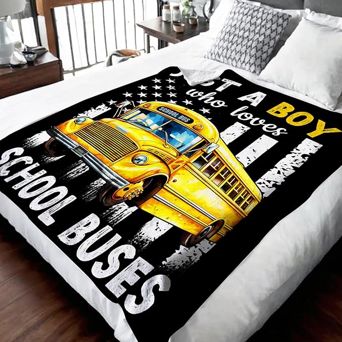 Boys Blanket Gifts, School Bus Throw Blankets for Kids Teens, 40x50 Inches Cute Throws for Truck Lovers - Black Soft Fuzzy Car Blankets for Sofa Couch Bed