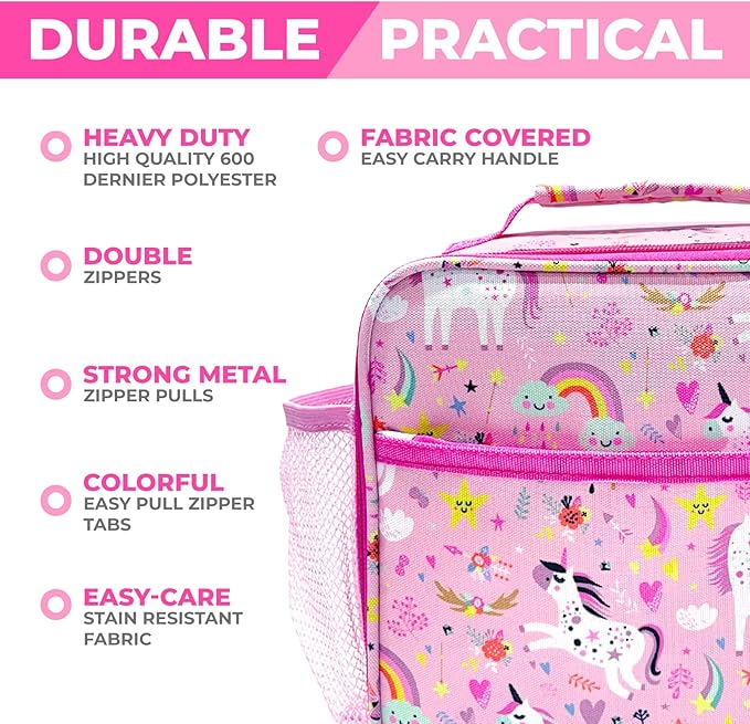 kinsho Bento Lunch Box with Insulated Bag and Water Bottle Set for Kids Toddlers, 4 Portion Sections, Removable Tray, Pre-School Girl Toddler Daycare Lunches, Snack Container, Pink Unicorn