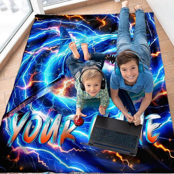 Personalized Blanket for Boys Men, Shark Throw Blankets Gift for Kids Adults Son Birthday 60x80 Inches Soft Cozy Custom Throw for Sofa Couch Bed Trip Office Car Cool Shark Decor Stuff