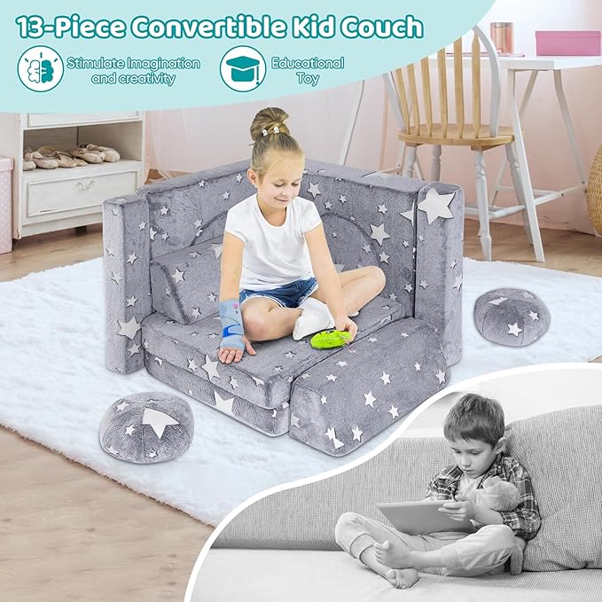 13 PCS Kids Play Couch, Modular Glowing Kids Toddler Couches, Kid Play Couch Sofa for Playroom and Bedroom (Grey)