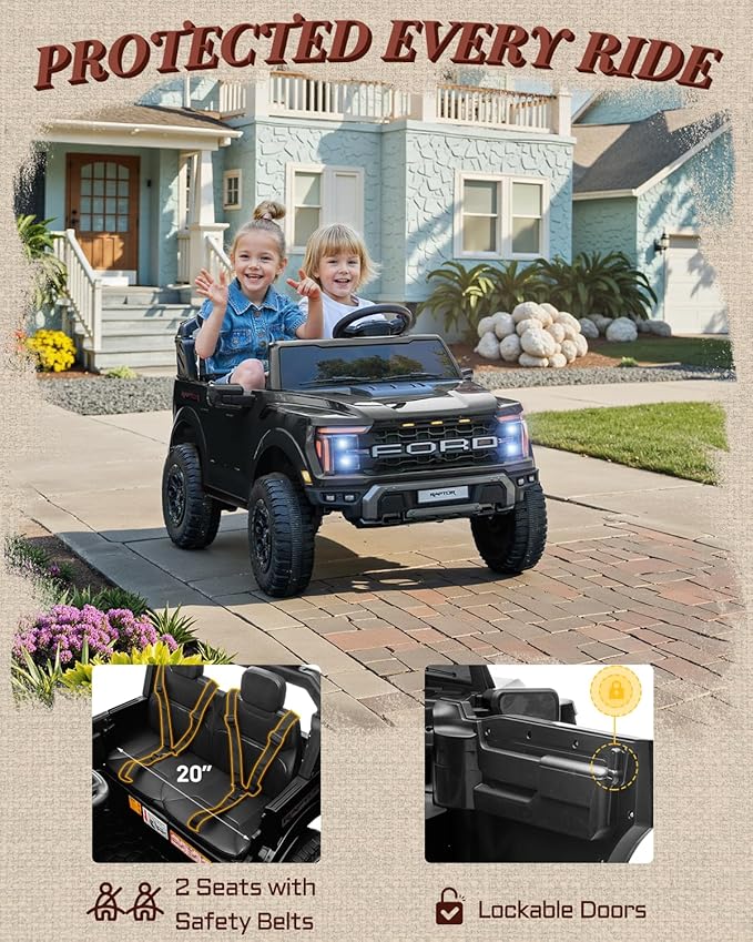 First Ride On 24V Ride on Toys for Big Kids, Licensed Ford F-150 Raptor 2 Seater Kids Ride on Car w/Remote Control, Toddler Electric Car w/LED Lights, Bluetooth, Truck Bed Storage, Soft Start (Black)