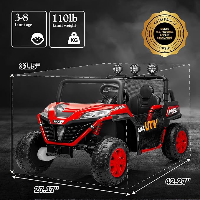 24V 2 Seater Ride on UTV Car, 4WD Ride on Toys for Kids with Remote Control, Shock Absorbers, LED Lights, Music, Off-Road Electric Car for Kids Boys Girls (Red)