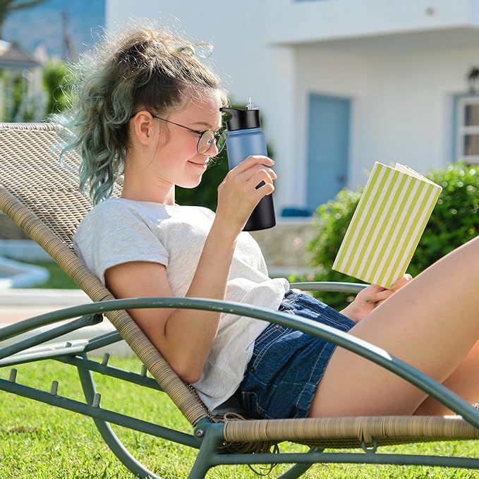 24 oz Insulated Water Bottle with Straw Lid & Wide Mouth Lids, Stainless Steel Sports Water Bottles, Double Walled Vacuum, Leak Proof, Blue Black Gradient