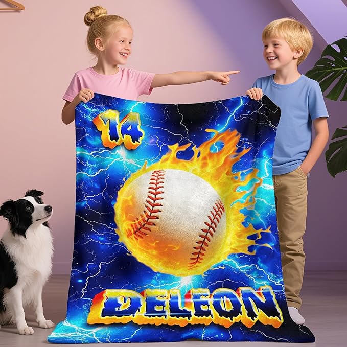Custom Baseball Blanket with Name Personalized Basketball Throw Blanket for Sports Lovers for Couch Sofa Bed Decor (Boy-03)