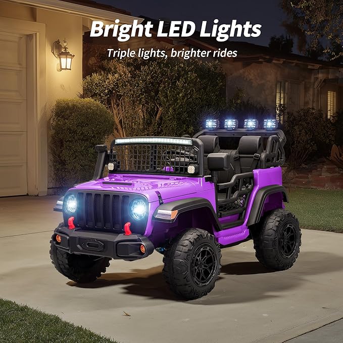 2 Seater Ride on Car Toy, 12V Electric Car for Kids 4-8 with Remote Control, Capacity 110 lb, LED Light - Purple