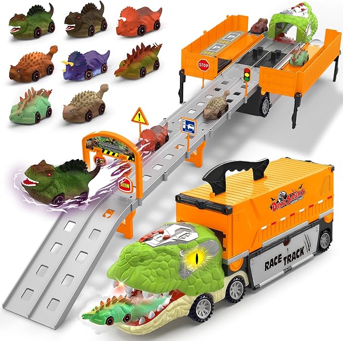 Dinosaur Carrier Truck Race Track Toys for Kids 3-5, Large Toy Cars Track Set with 8 Small Dinosaur Cars, T-Rex Transport Carrier, Christmas Birthday Gifts for 3 4 5 6 7 Year Old Toddler Boys Girls
