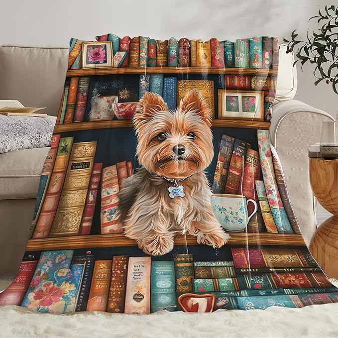 Yorkie Blanket for Boys Girls, Book Lover Flannel Throw Blanket, Fleece Soft Cozy Yorkshire Dog Blankets Gift for Women Men Couch Sofa Bed 60" x 50"