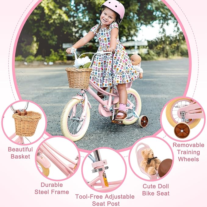 XJD Girls Bike for Toddlers and Kids Ages 2-12 Years Old,12 14 16 Inch Kids Bike with Training Wheels & Basket