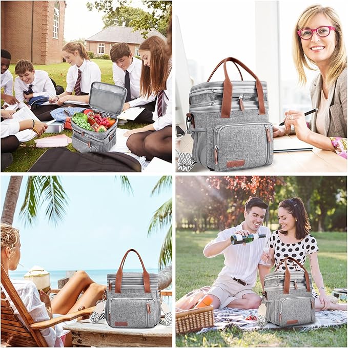 LOKASS Lunch Box & Lunch Bag for Women Men Double Deck, Large Insulated Adult Lunch Box Leakproof Lunchbox Cooler Bag for Work Picnic Beach,（Gray16L）