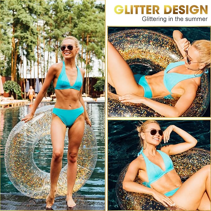 6 Pcs Inflatable Pool Float Tube 30 Inch Swimming Ring with Confetti Glitter Inner Tubes Transparent Swim Floaties Funny Water Floats Toys for Kids Adults Beach Party Supplies (Gold)