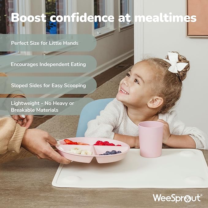 WeeSprout Divided Bamboo & Melamine Plates for Kids - Set of 4 Toddler Dinnerware, Food Grade, Kid Safe with Divided Design for Picky Eaters, Dishwasher Safe, Reusable Modern Tableware