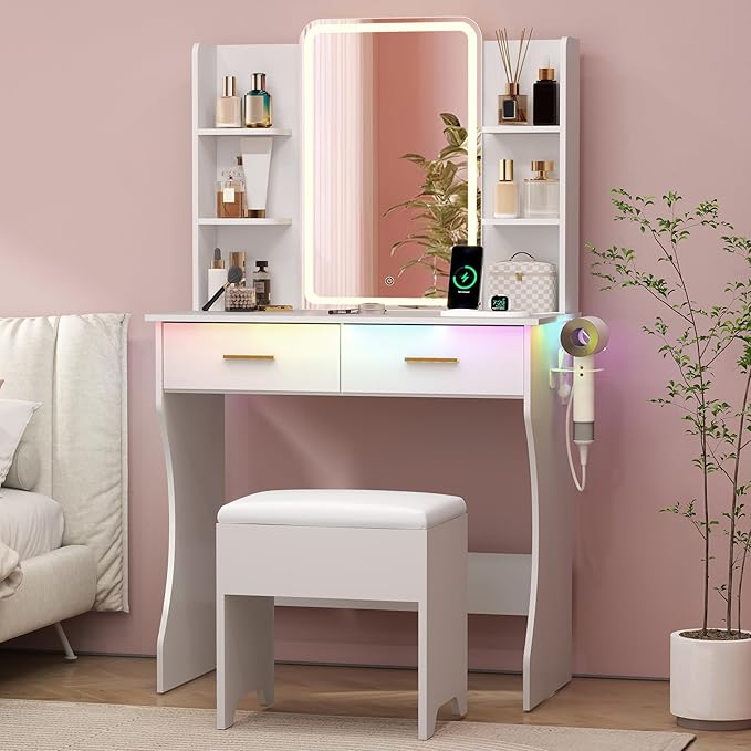 Small Vanity Desk with Mirror and Lights, Makeup Vanity Table Set with 3 Lighting Modes & Adjustable Brightness, Power Outlet, Storage Drawers, Cushioned Stool, Dressing Table for Women Girls
