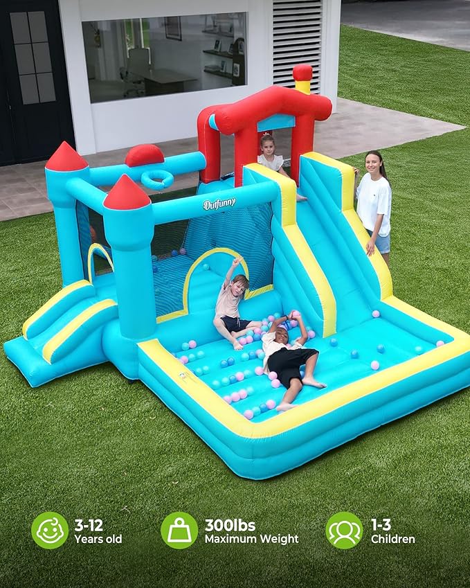 Inflatable Bounce House, Large Bouncy Castle for Kids with Slide, Outdoor & Indoor, 450W Blower - Blue