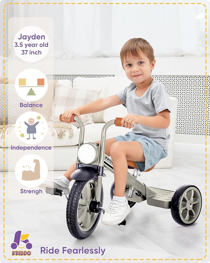 KRIDDO Kids Tricycles Age 2 Years to 5 Years, 12 Inch Puncture Free Rubber Wheel w Front Light, Kids Trike for 2.5 to 5 Year Old, Gift Toddler Tricycles for 2-5 Year Olds, Trikes for Toddlers, Grey