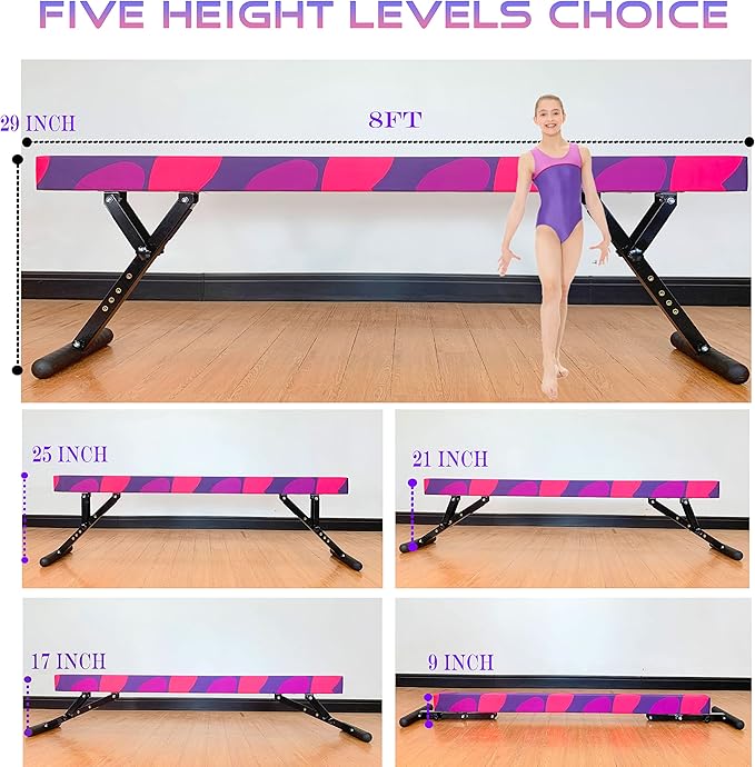 Adjustable Balance Beam 8 ft Gymnastic Beam Adjustable Height for Kids and Teenage of All Gymnastic Levels, Gymnastic Training Beam Gymnastic Equipment for Athlete Home and Gym Club Use