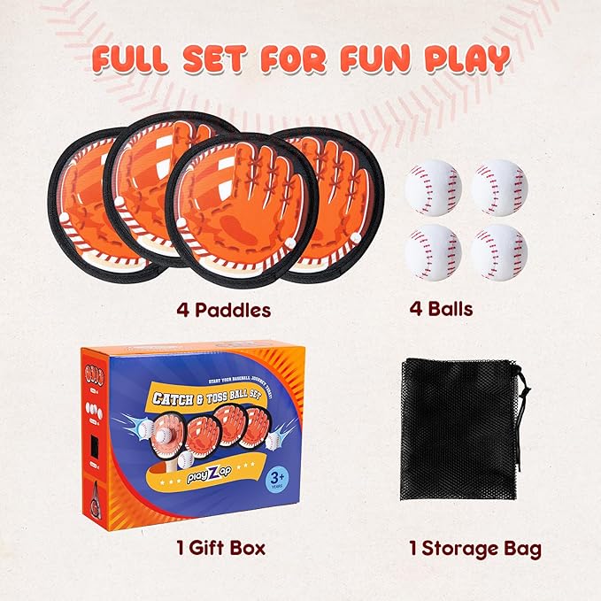 Playzap Toss and Catch Ball Set Ultra Soft Fabric Pain-Free - Family Games Christmas Stocking Stuffers Gift for Toddlers Kids Boys Girls 2-4 5-7 8-10 Yrs - Baseball Glove Toy Indoor Outdoor Yard Beach