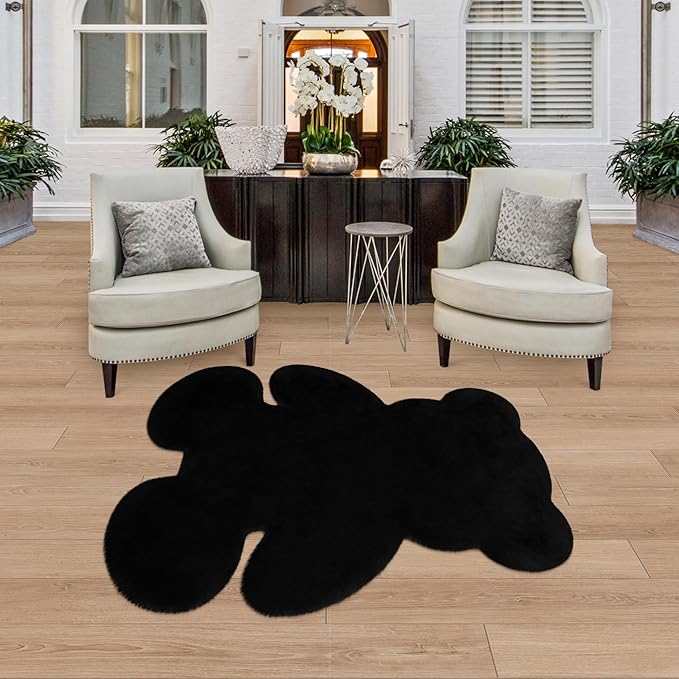 4x5.3 ft Black Bear Shaggy Large Rug, Soft Fluffy Faux Sheepskin Fur Rug Fuzzy Shag Area Rug Cute Plush Carpet for Nursery Kids Girls Bedroom Room Aesthetic Living Room Floor Home Decor, Black