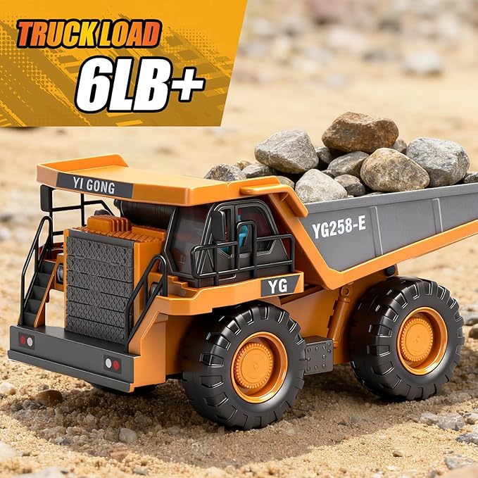 HuiJuKeJi Remote Control Dump Truck - 360° Rotating Metal Bed, 9-Channel RC Construction Toy for Indoor Outdoor Play, Rechargeable with Lights & Sounds, for Kids Ages 6+