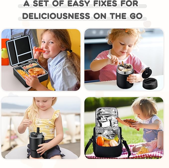 Lunch Box Set with Bento Box Container, 17OZ Stainless Steel Food Soup Thermo, Kids Water Bottle & Portable Insulated Lunch Bag – Leakproof, Hot/Cold Retention for School, Travel (Black)