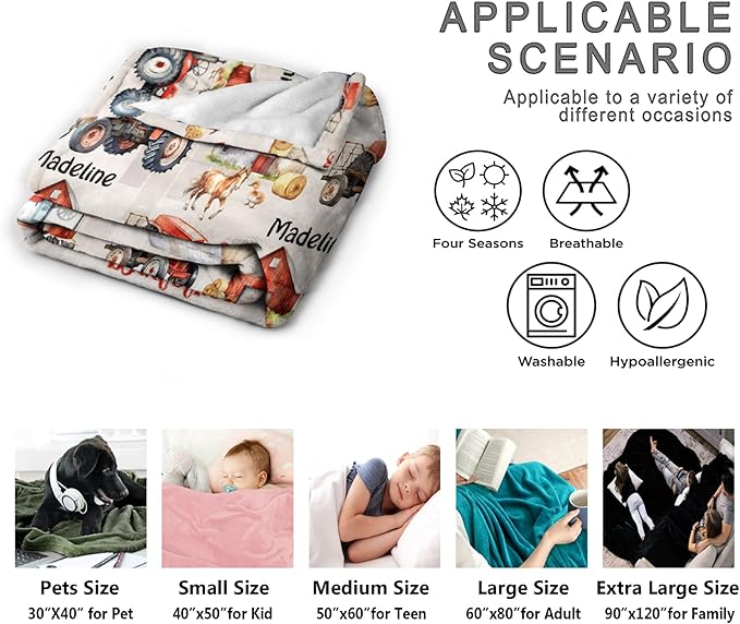 Custom Red Farm Tractor Blanket with Name PersonalizedRed Farm Tractor Blankets for Girls Boys Women Men Customized Blanket Gifts for Birthday 60"x80"for Adults